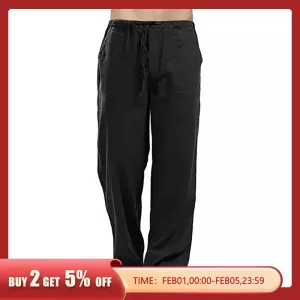 Men's Cotton Linen Wide Pants Korean Trousers Oversize Cotton Streetwear Male Casual Elastic Waist Lightweight Trousers