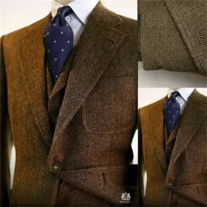 Men's Suit Brown Herringbone Pattern 3-piece Formal Jacket Pants Vest Business Men Slim Fit Outfit Customized Groom's Tuxedo