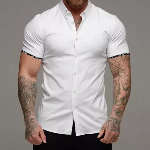 Men's Summer 2023 Solid Color Business Professional Dress Shirt Floral Cuffs Basic Short Sleeves Black And White Optional