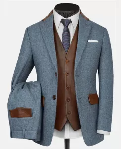 Mens Suit PU Leather Patchwork Notch Lapel Blazer&Vest&Pants 3Pcs Set Simple Business Elegant Fashion Gentleman Suit Slim Blazer
