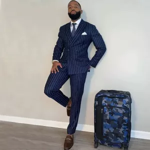 Navy Blue Men Suits Stripe Double Breasted Peak Lapel Regular Length Formal Occasion 2 Piece Jacket Pants Formal Business Set