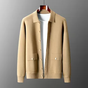 New 2023 Autumn/Winter Cashmere Cardigan Men's Polo Neck Sweater Long Sleeve Knitted Business Casual Wool Sweater Solid Color