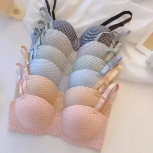 One-piece Seamless Bra for Girls Women's Small Boobs Smooth Plaid Push-up Without Underwire Half Cup Bra Cover