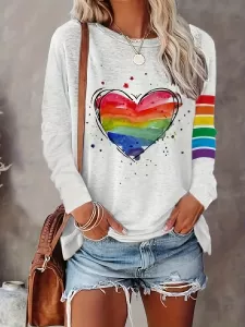 Rainbow Print, Casual Long Sleeve Crew Neck T-shirt For Spring & Summer, Women's Clothing