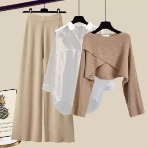 Spring Autumn Women's Set Three Piece Loose Shirt+Solid Sweater+High Waist Wide Leg Pants Retro Casual Three Piece Set