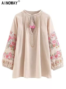 Spring Fashion Women Tassel Floral Embroidery Linen Cotton Beach Bohemian Blouse Shirts Tops Long Sleeve Loose Boho Shirt