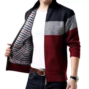 Spring Winter New Men's Cardigan Single-Breasted Fashion Knit Plus Size Sweater Stitching Colorblock Stand Collar Coats Jackets