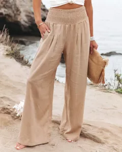 Summer Cotton Linen Wide Leg Pants Women Casual Solid Pockets Beach Loose Trousers Streetwear Elastic Waist Office Lady Pants