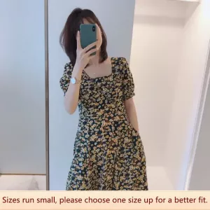 Summer Floral Dress Women Loose Fit Waist-cinching Slimming Female Clothing Dress