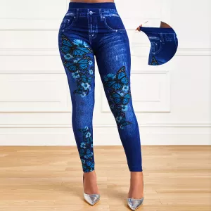 Summer New Elastic High Waist leggings Women Faux Denim Butterfly Printed Slim Leggings Ladies Casual Street Sports Skinny Pants