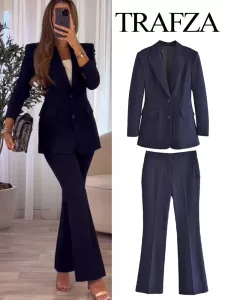 TRAFZA 2024 Women's Casual Blazer Business Office Suit Navy Women's High Waist Slim Wedding Dress Tuxedo Party Pants 2-piece Set