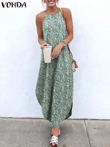 VONDA 2024 Summer Women Bohemian Dress Sexy Halter Asymmetrical Beach Dresses Sexy Sleeveless Robe Printed Long Maxi Sundress