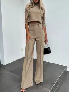 Women 2024 Spring Fashion Two Piece Set Elegant Office Lady Casual Solid High Waist Long Pants with Tops Slim Fit Female Suit