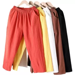 Women Summer Casual Loose Harem Elastic Waist Cotton Linen Pants Ninth Trousers