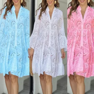 Women Summer Solid Lace Dresses 2024 Elegant Hollow Out Embroidery Sexy Mini Dresses Vintage Loose V-neck Pattern Beach Vestidos