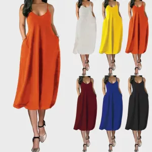 Women U Neck Spaghetti Straps Midi Dress Summer Sexy Sling A Line Dresses Casual Loose Femme Vestidos