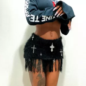Women's Gothic Style Cross Accessories Furry Skirt Tassel Elastic Waist Miniskirt XY23114DG