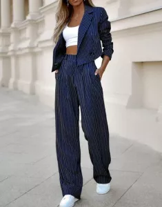 Women's Pant Suits 2023 Autumn Fashion Street Ladies Office Work Formal Long Sleeve Striped Blazer & Straight Leg Pants Suit