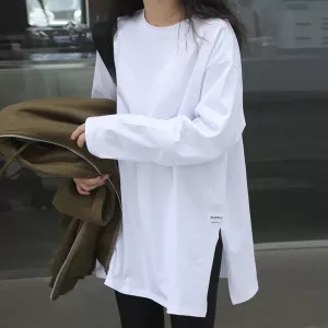 Women's Solid Color Split Long-Sleeved T-Shirt 2023 Korean Spring And Autumn New Ladies Casual Loose Tops Bottoming White Shirts
