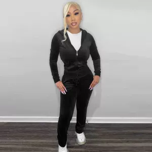 Womens Fall Velour Hoodie Jacket And Pants Sweatsuit Set Winter Lady Jogger Tracksuit 2 Piece Outfits