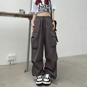 Y2K Cargo Pants Straight Wide Leg Drawstring Trousers Women Oversize Jogger Kpop High Waisted Breathable Solid Color Sweatpants