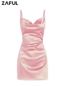 ZAFUL Women's Mini A- Line Dress Satin Sleeveless Spaghetti Strap Side Slit Dress Sexy Cocktail Party Slip Vegas Dress Z4873007