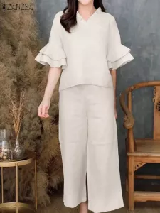 ZANZEA Elegant Suit Women Matching Sets 2PCS Summer V Neck Blouse Trouser Female Pantsuits Fashion Urban Tracksuits Work Outfits
