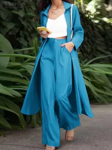 ZANZEA Spring Women Fashion Urban Tracksuit Oversized Elegant OL Office Solid Suits Casual Wide Leg Pants Sets Outifits 2023