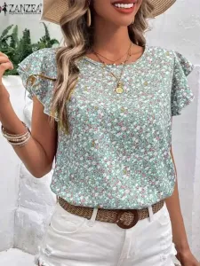 ZANZEA Summer Fashion Floral Printed Blouse Women Bohemian Tops Female Holiday Shirt Casual Short Sleeve O-Neck Blusas Chemise