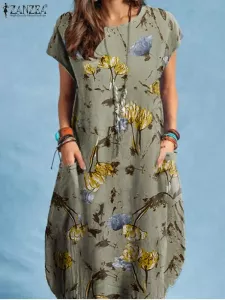 ZANZEA Women Summer Dress Bohemian Floral Print Vestido O-Neck Short Sleeve Pockets Sundress Fashion Casual Elegant Holiday Robe